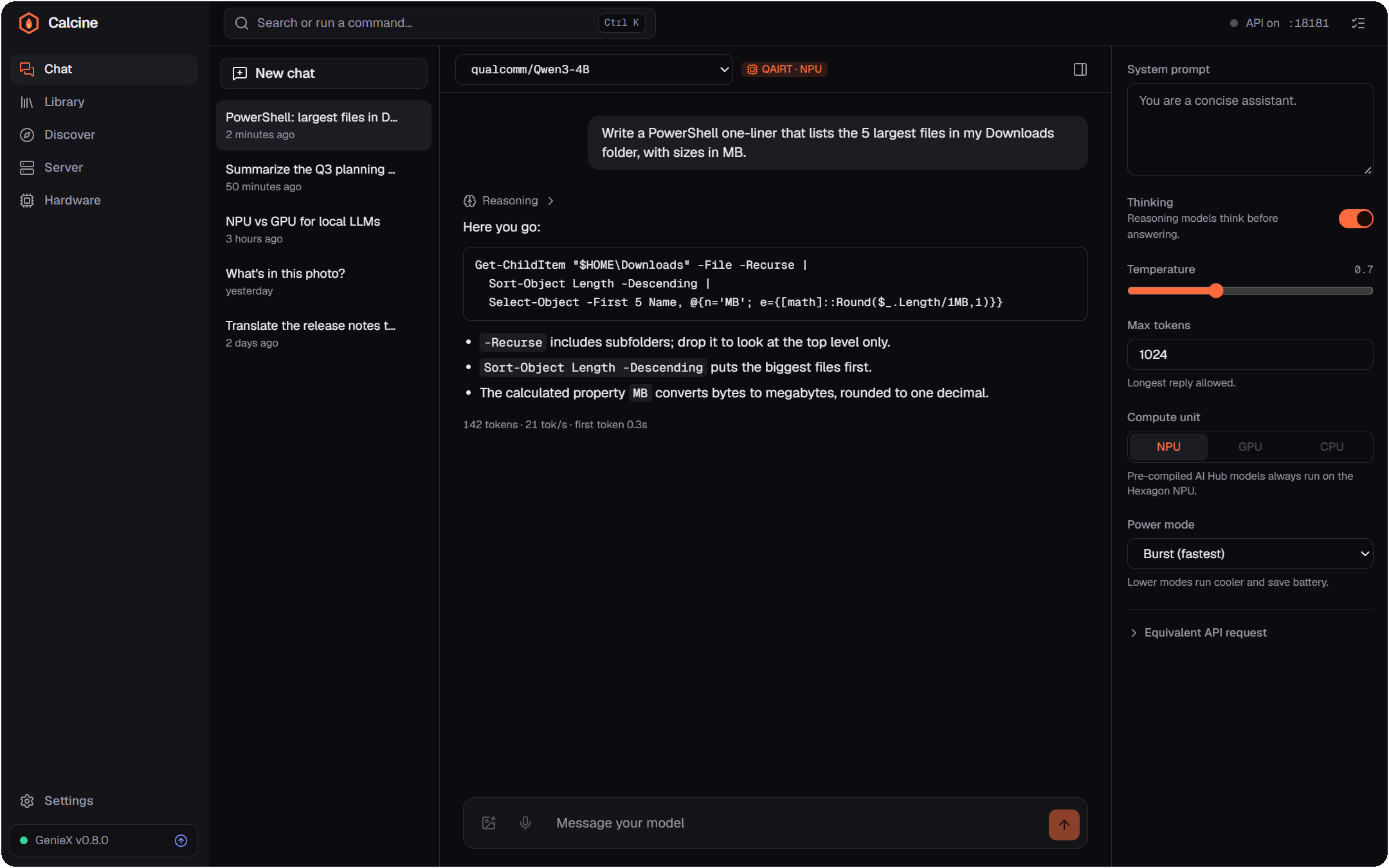 Calcine's chat page: a conversation with Qwen3-4B running on the NPU, with the inference settings panel open.