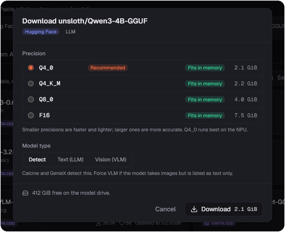 Choosing a precision for Qwen3-4B-GGUF: Q4_0 recommended, each option with its size and a memory check.