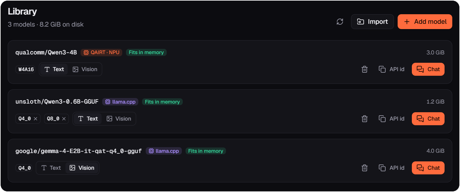 The Library page listing three models with their runtime, precisions and size.